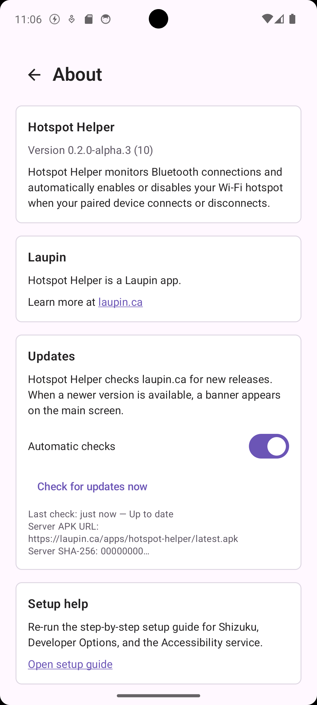 About screen with update settings