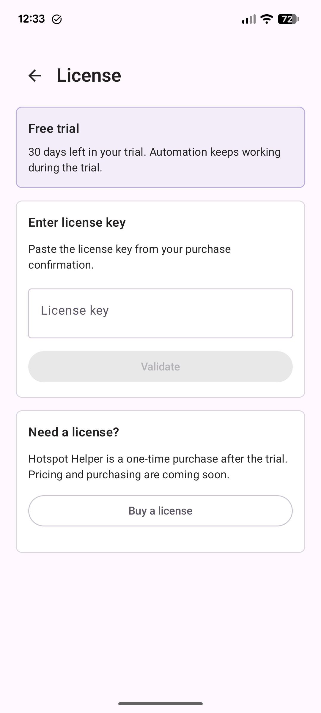 License screen with trial status and key entry