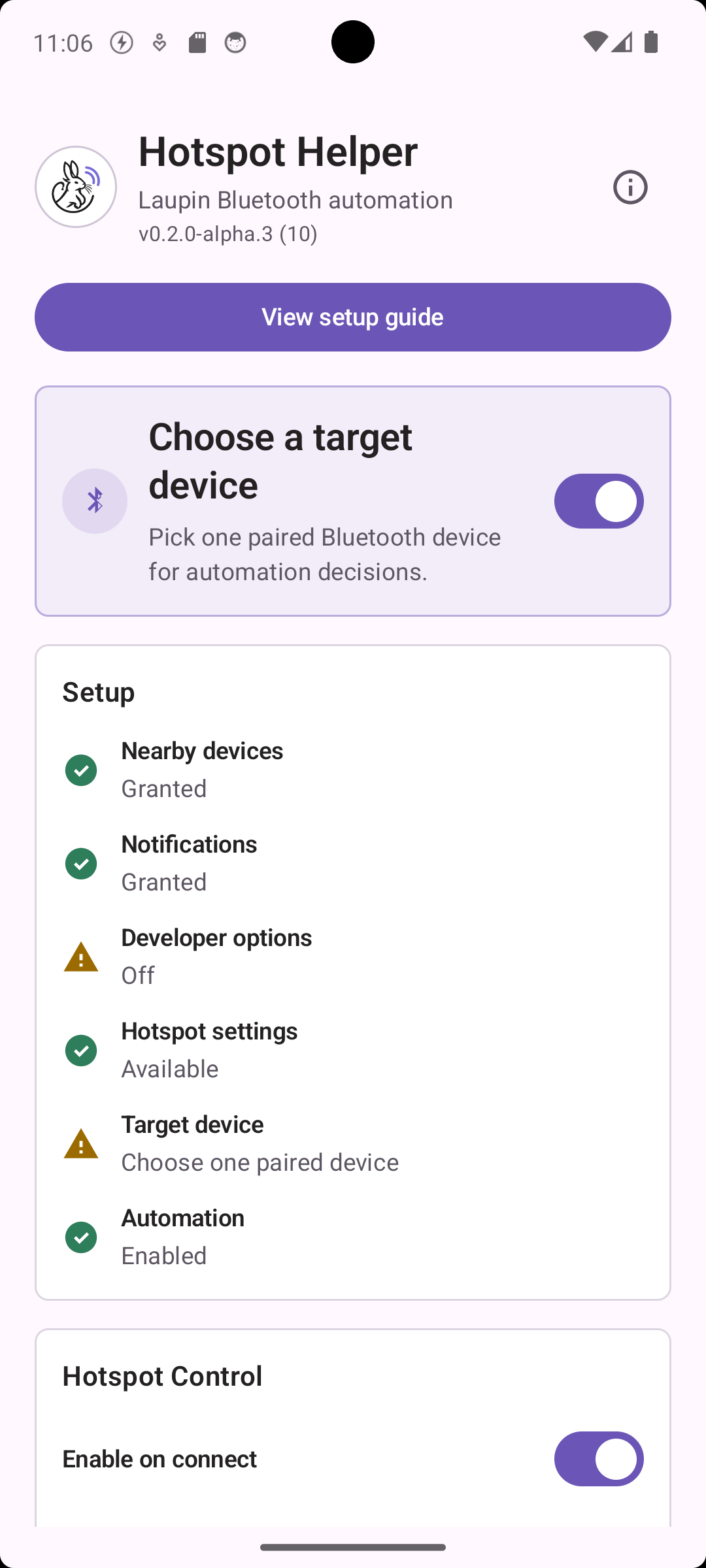 Main screen with hotspot status and target device