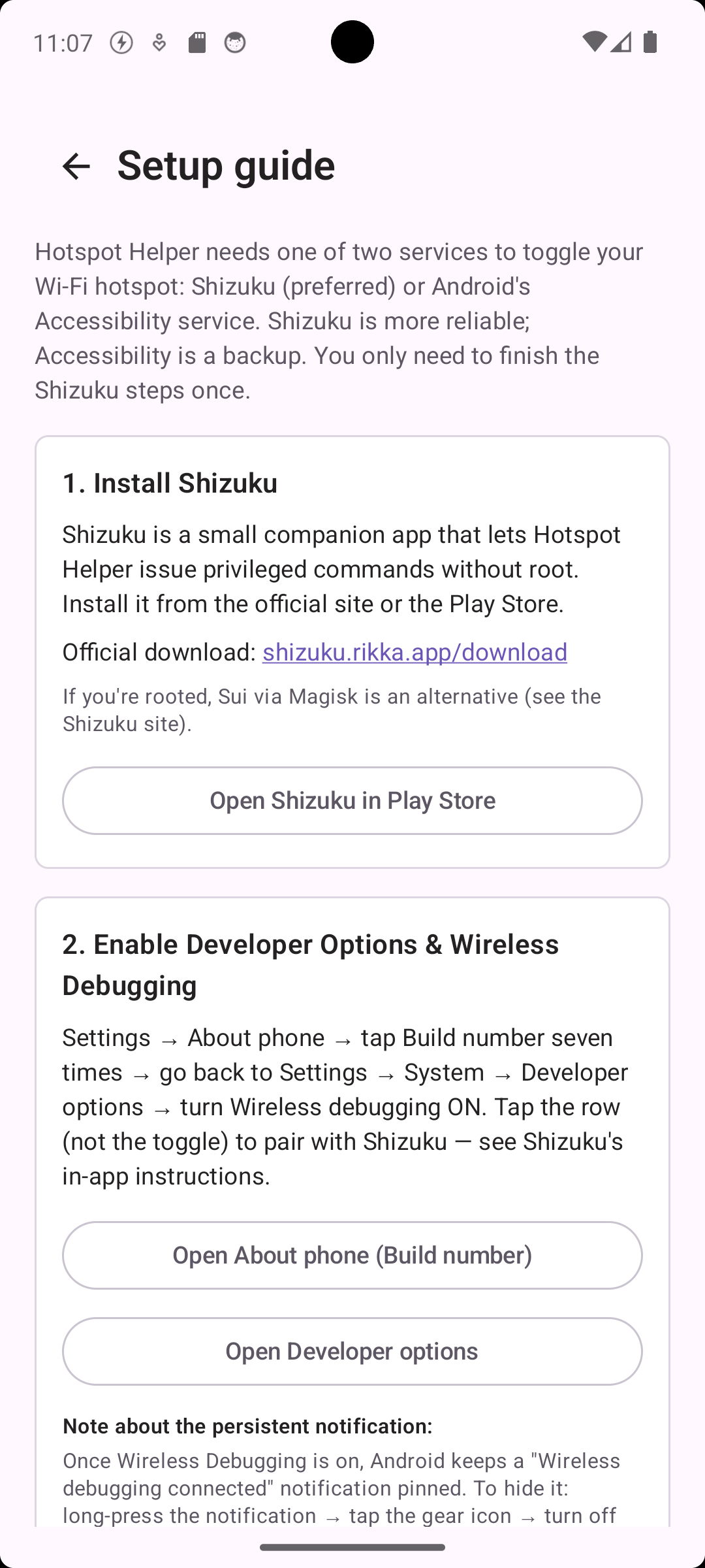 Setup guide screen