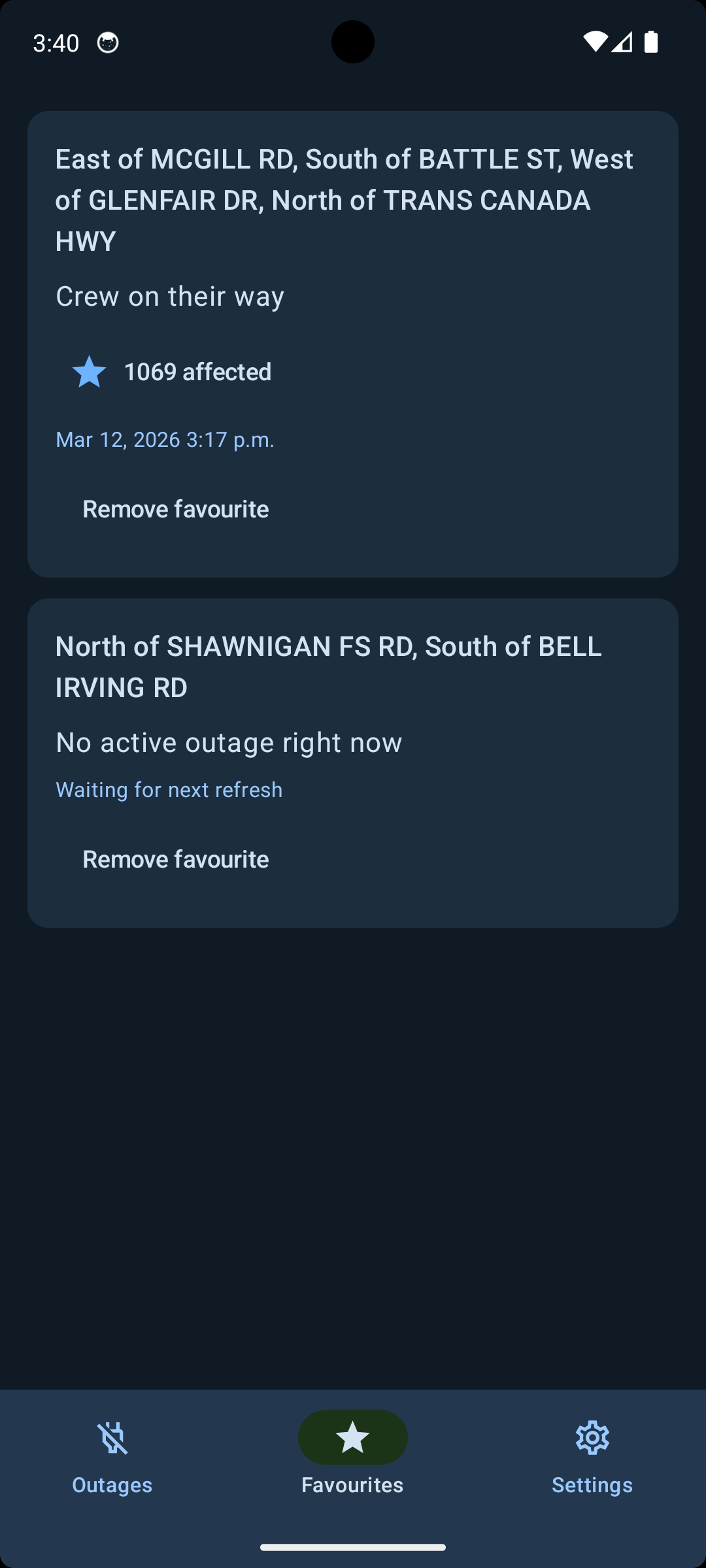 Saved favourite outages screen