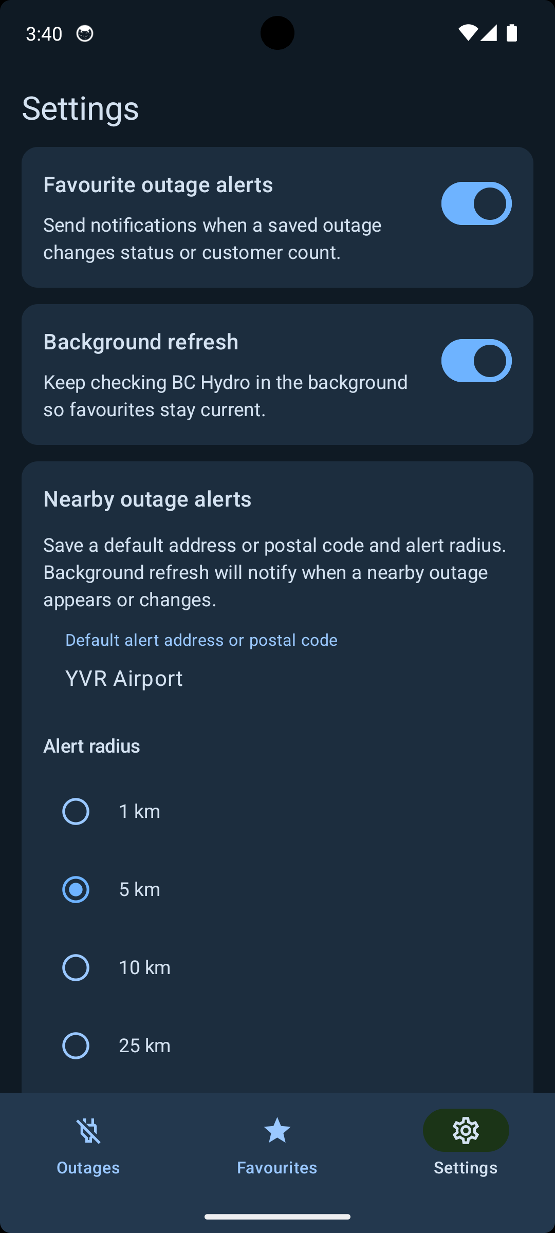 Settings screen for notifications and nearby alerts